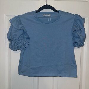 NWOT Zara Light Blue Puff Sleeve Tee